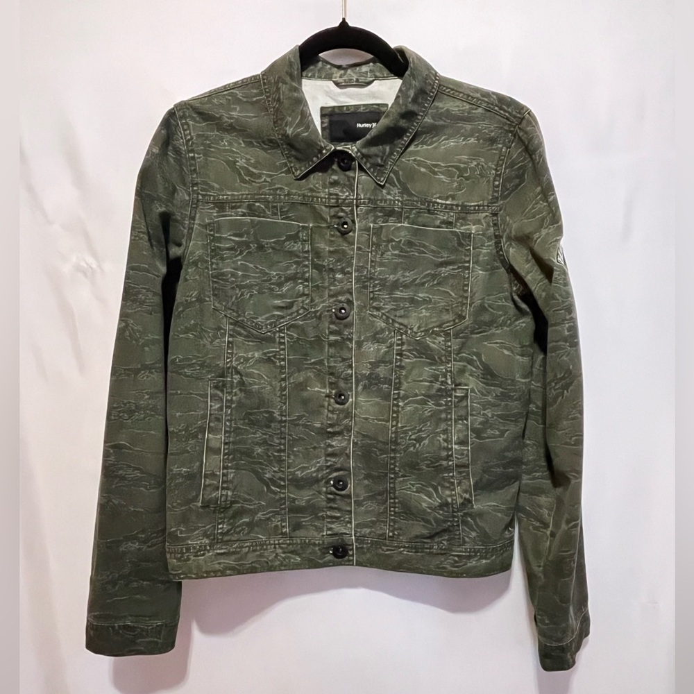 Hurley Women’s Large Tiger Stripe Camo Trucker Jacket Green Cotton Utility Coat